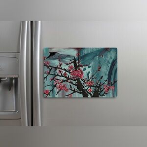 4.5x5 My Magnet Painting of Chinese Plum Blossoms & bird  in teal & pink